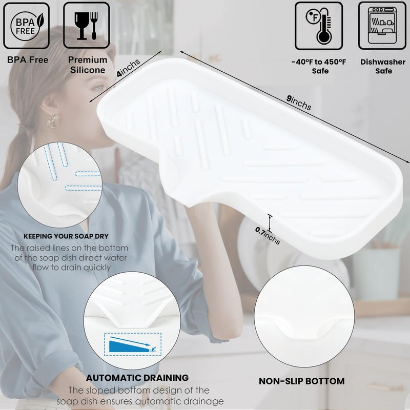 YASMEN Silicone Bathroom Soap Dishes, Sponge Holder for Kitchen Sink, Shower Soap Holder with Drain, Soap Dispenser Tray, Soap Dish for Bar Soap, Soap Bottle, Cup, Sink or Counter Organizer - White 9"" x 4"" - Image 2